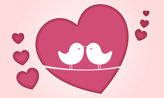 beautiful couple birds on pink hearts background