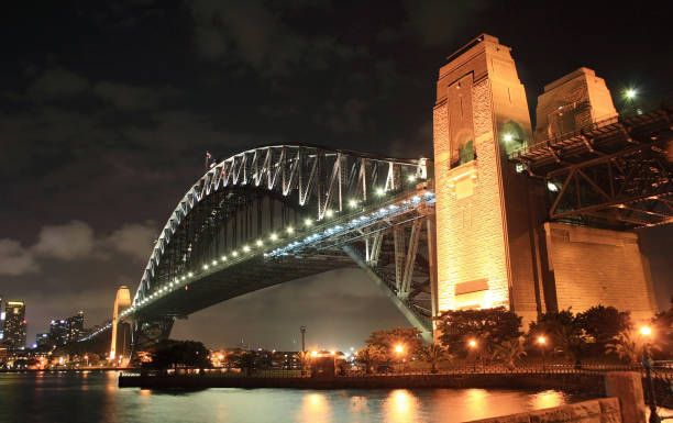 Sydney Harbor Bridge at Night Sydney Harbor Bridge at Night, Sydney, NSW, Australia clear sky night sunset riverbank stock pictures, royalty-free photos & images