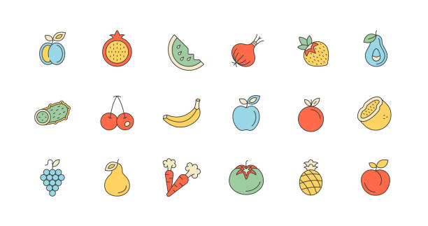 pomarańczowy, ananas, brzoskwinia, winogrona, kokosowe ikony - plum red black food stock illustrations