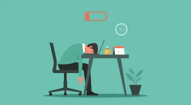 Vector illustration of burnout syndrome concept. Tired man with low energy battery working on laptop in workplace