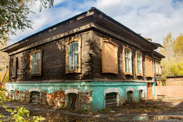 istock Large 19th century building, old abandoned log house. 1300449584