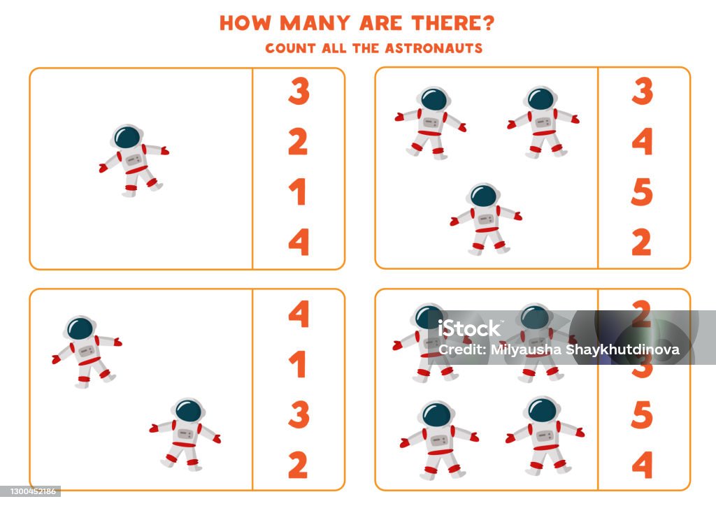 Astronaunt Work Math Counting Game With Cartoon Astronauts Math Worksheet Stock Illustration ...