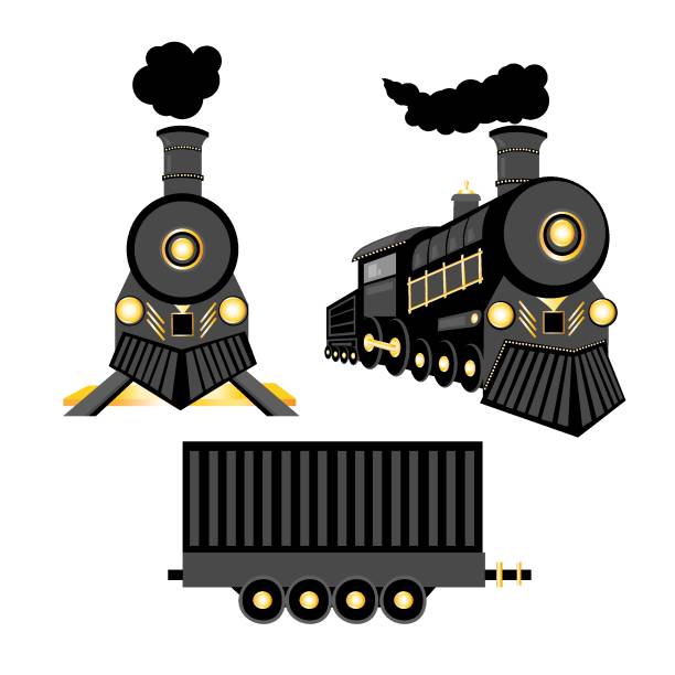벡터 복고풍 열차. 골드 디테일이 있는 블랙 기관차 및 화물차 - train steam train vector silhouette stock illustrations
