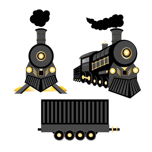 ilustrações de stock, clip art, desenhos animados e ícones de vector retro train. black locomotive and freight car with gold details - train steam train vector silhouette