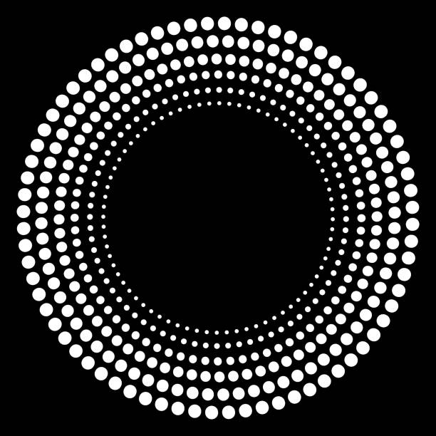 ilustraciones, imágenes clip art, dibujos animados e iconos de stock de círculo de puntos blancos. forma redonda. forma geométrica de círculo abstracto. fondo oscuro. textura blanca de vacaciones. imagen de archivo. eps 10. - fractal concentric light abstract
