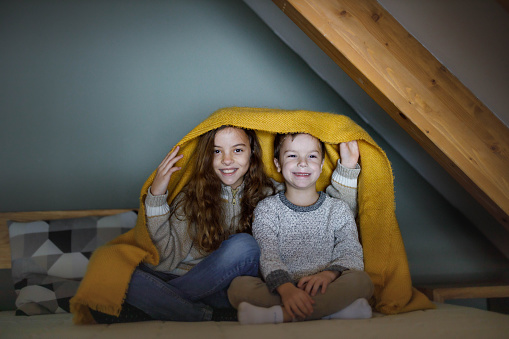 Happy little brother and sister enjoying while being covered with blanket on a bed. Girl is looking at camera. Copy space.