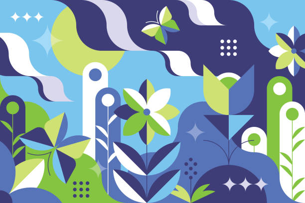 ilustrações de stock, clip art, desenhos animados e ícones de spring flat and abstract geometry gemetrical pattern illustration. - plant animal backgrounds nature