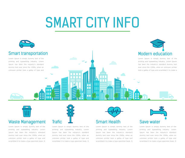 smart-city-info. moderne blaue stadt. vektor-infografiken - apple grafiken stock-grafiken, -clipart, -cartoons und -symbole