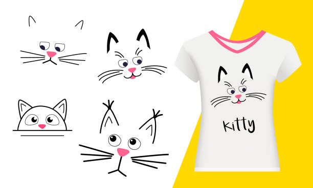 Set Faces of cute cats on a white background. Funny Kawaii animal Set Faces of cute cats on a white background. Funny Kawaii animal. Vector cartoon Illustration in flat. For printing on cup, t-shirts or Greeting card. cat muzzle meowing cartoon stock illustrations