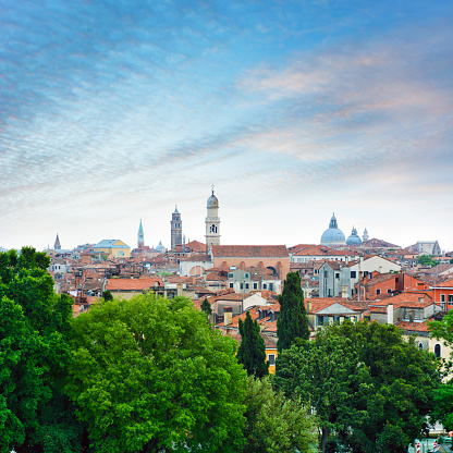 Panorama of Venice at sunset, Italy. Composite photo