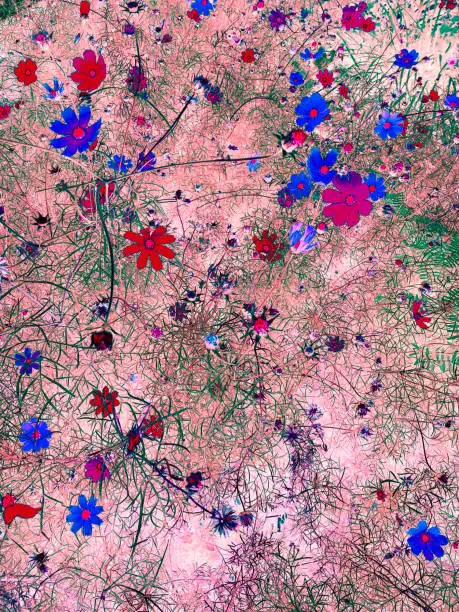 abstract background. red and blue flowers on a pink unusual field