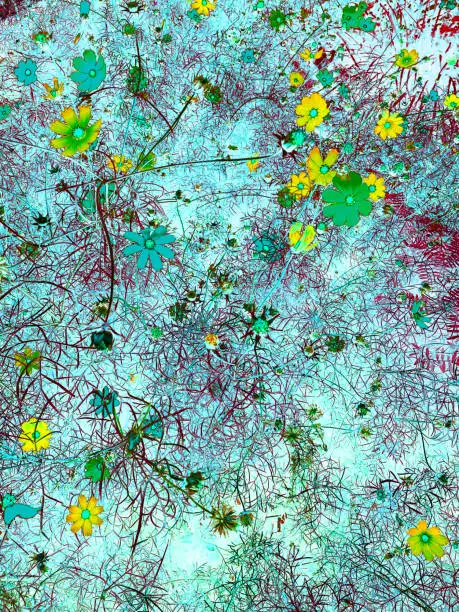 abstract background. turquoise and yellow flowers on a blue unusual field
