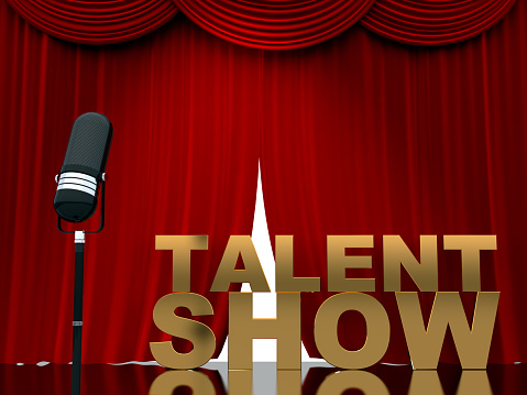 Talent Show label on red curtain background