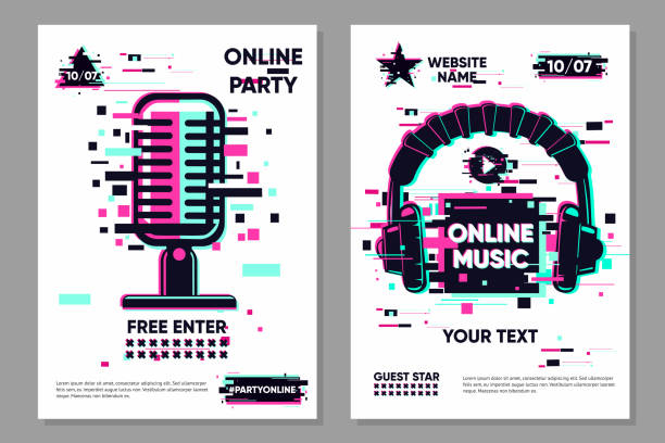 illustrazioni stock, clip art, cartoni animati e icone di tendenza di banner vettoriale del festival musicale. poster impostati con microfono e cuffie. sfondo della festa online, stile elettronico. banner di streaming. illustrazione alla moda glitch. - microphone backgrounds music speaker