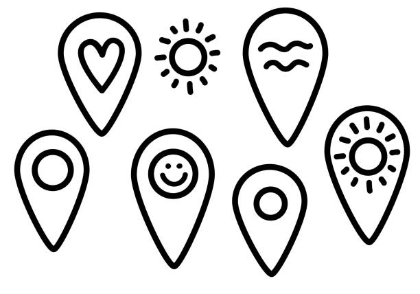 Vector doodle set of geotags with images of the sun, sea, smile. Map pointer icon. GPS location symbol. Map pin line design. Hand draw Geotag sign icon in doodle style. Black lines isolated on a white Vector doodle set of geotags with images of the sun, sea, smile. Map pointer icon. GPS location symbol. Map pin line design. Hand draw Geotag sign icon in doodle style. Black lines isolated on a white wildlife tracking tag stock illustrations