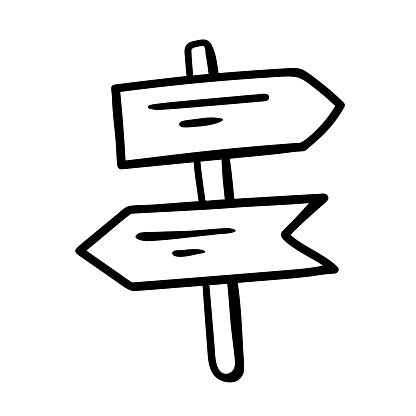Vector wooden signs in doodle style. Direction pointer symbol. Hand drawn sketch of signs. Illustration of road or touristic board arrow. Black outlines isolated on a white background.