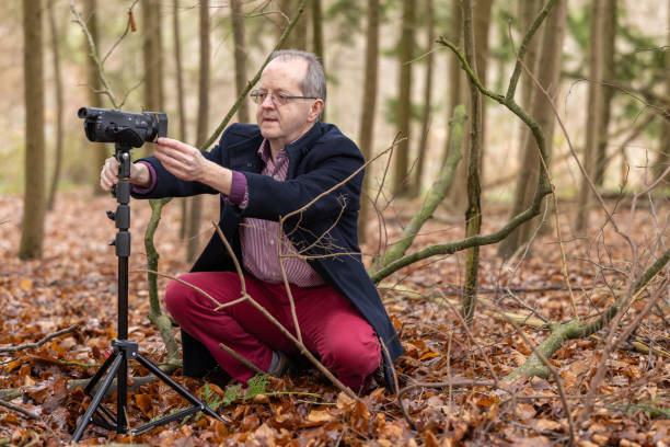 istock Middle aged man in forest vlogging about nature, ferns and environmental conservation for youtube or social media educational channels 1300469938