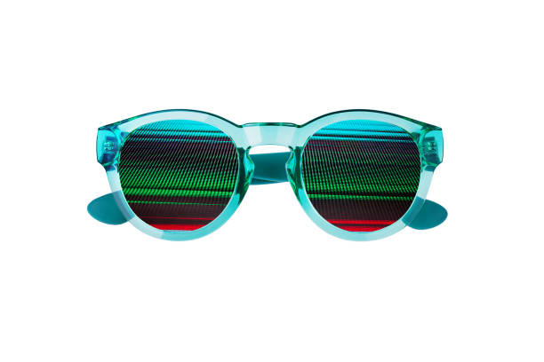 Sunglasses with abstract colorful lines pattern on white background isolated close up, digital screen sunglass concept, neon light glasses, fashion accessory design, night club party style decoration