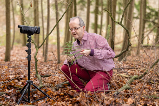 istock Middle aged man in forest vlogging about nature, ferns and environmental conservation for youtube or social media educational channels 1300469979