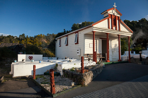 Horizontal lateral view of the geothermal village church on a sunny day, Whakarewarewa village, Rotorua, North Island, New Zealand