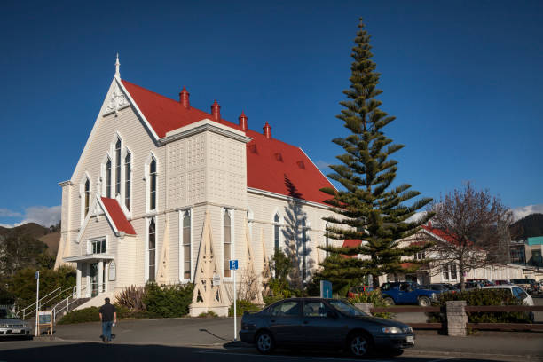 St John’s Methodist Church in Nelson Horizontal lateral view of St John’s Methodist Church on a sunny day, Nelson, South Island, New Zealand nelson city new zealand stock pictures, royalty-free photos & images