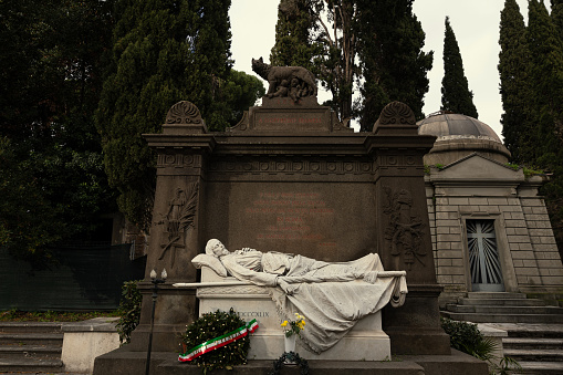 Rome, Italy, February 1, 2021: Tomb of Goffredo Mameli in the monumental cemetery of Verano in Rome. Was an Italian patriot, poet, writer and a notable figure in the Risorgimento. He is also the author of the lyrics of \
