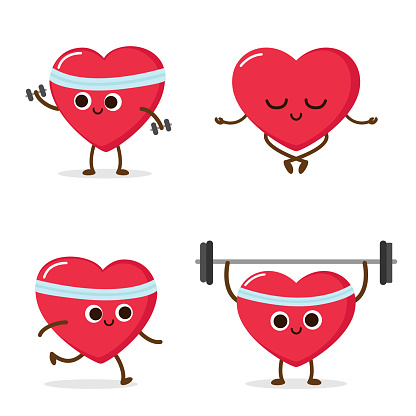 Cartoon red heart running, weight lifting dumbbels, meditating. Cardio exercise, sport activity. Healthy lifestyle. Strong healthy heart vector illustration