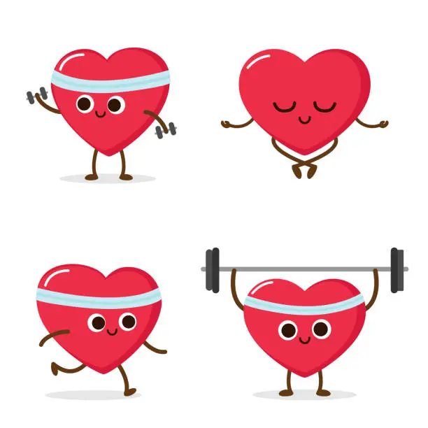 Vector illustration of Cartoon heart running weight lifting meditating