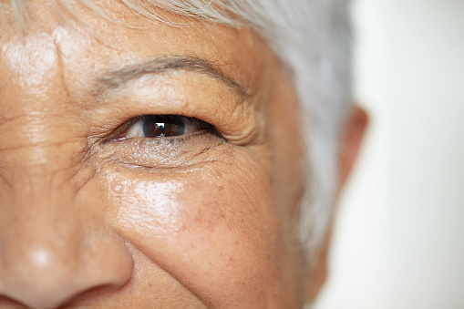 Close-up of happy elderly woman's eye