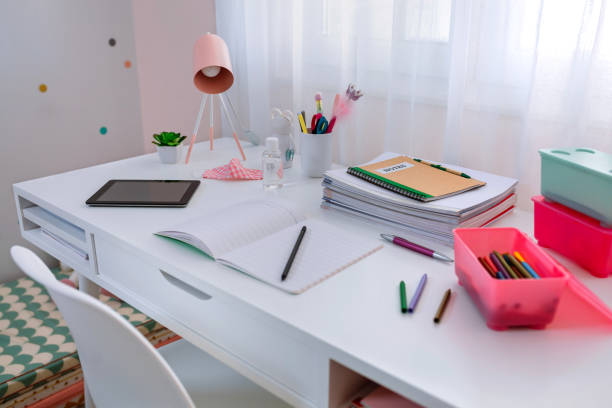istock White desk in girl's bedroom 1300471555