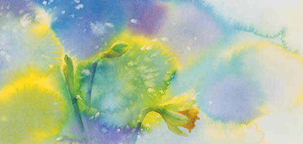 青と紫の水彩画の背景に黄色の水仙 - daffodil spring backgrounds sky点のイラスト素材／クリップアート素材／マンガ素材／アイコン素材