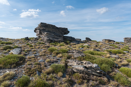 rocks on top of a Sierra Nevada mountain, there are bushes and grass, the sky has clouds
