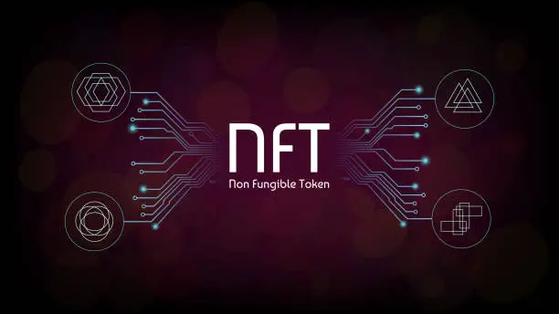 Vector illustration of NFT non fungible tokens infographics with pcb tracks and unique tokens on dark background. Pay for unique collectibles in games or art. Vector illustration.