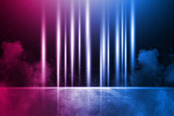 istock Rays neon light on neon brick wall with smoke. Neon reflections on wet asphalt. Empty scene with copy space. 1300475560