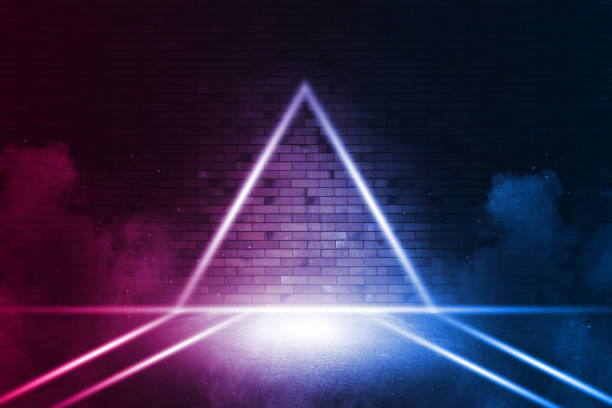 istock Rays neon light on neon brick wall. Empty scene. Neon reflections on wet asphalt. Cyberpunk background with copy space. 1300475603