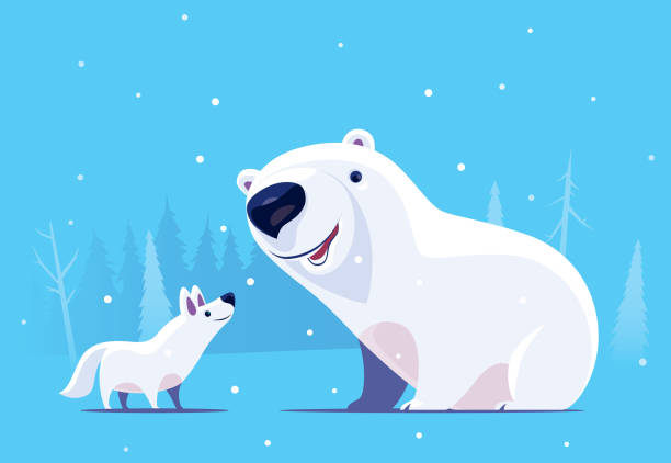 illustrazioni stock, clip art, cartoni animati e icone di tendenza di orso polare incontro lupo artico - cold discussion outdoors snow