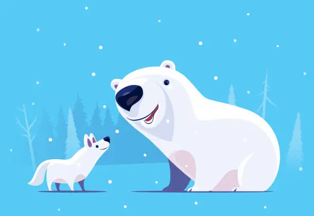 Vector illustration of polar bear meeting artic wolf