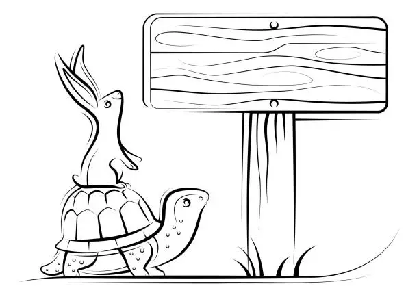 Vector illustration of tortoise and rabbit finding direction line drawing