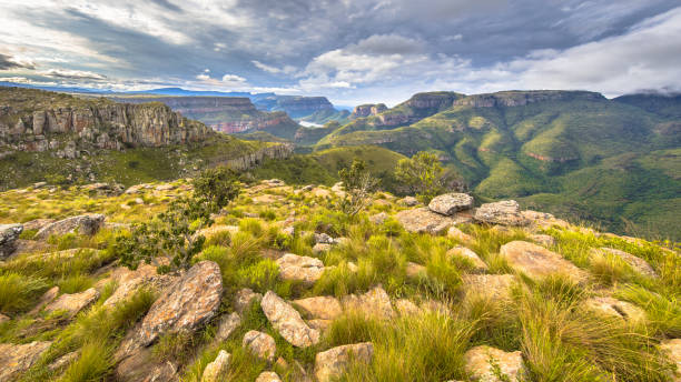 Blyde river canyon Lowveld viewpoint Blyde river Canyon panorama from Lowveld viewpoint over panoramic scenery in Mpumalanga South Africa drakensberg mountain range stock pictures, royalty-free photos & images