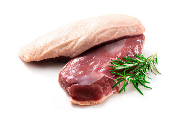 сырые кусочки утиной грудки, изолированные на белом фоне - duck meat meat white meat food стоковые фото и изображения
