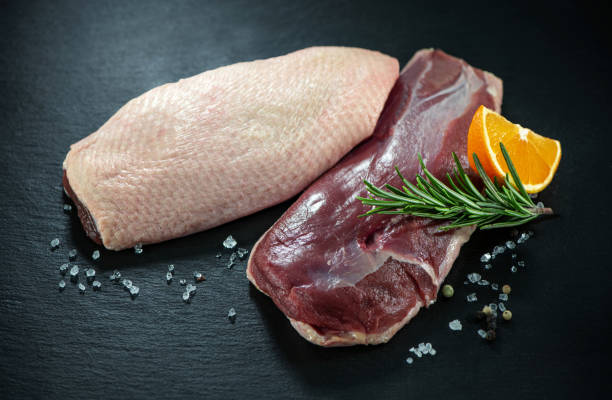 istock Raw duck breast pieces on dark slate background 1300477412