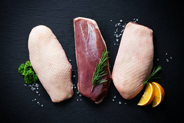 istock Raw duck breast pieces on dark slate background 1300477418