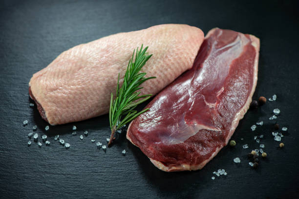 istock Raw duck breast pieces on dark slate background 1300477422