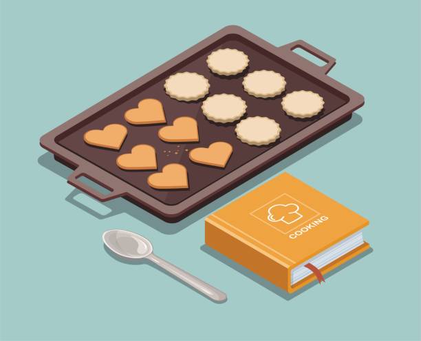 ilustraciones, imágenes clip art, dibujos animados e iconos de stock de bandeja para hornear con galletas, receta y cuchara - bandeja de horno