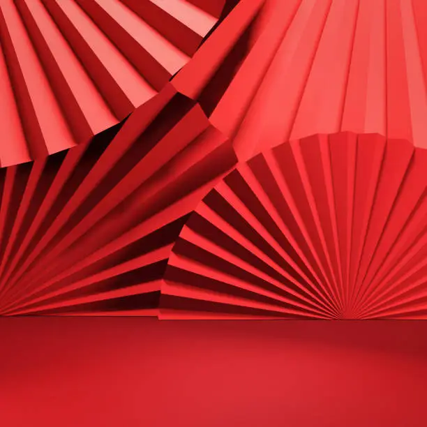 Photo of Chinese new year, Red abstract background with hand paper fan for product minimal presentation, 3d rendering.