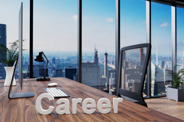 istock manager; office chair in front of modern workspace with computer and skyline view; career concept; 3D Illustration 1300480482