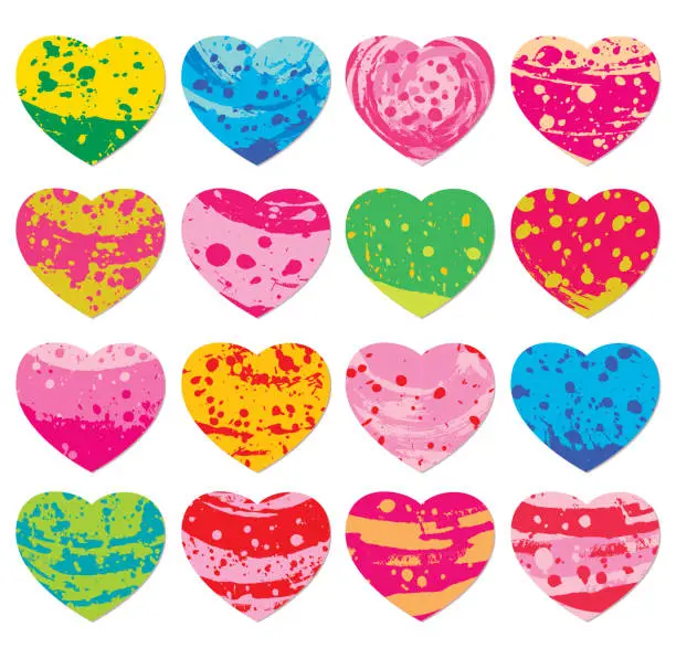 Vector illustration of Set of splattered paint textures heart shapes
