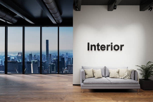 istock modern clean office waiting area reception with skyline view, wall with interior lettering, 3D Illustration 1300481183