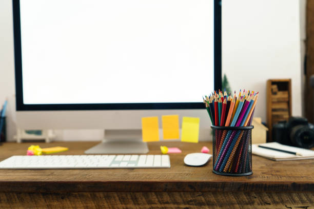 istock Work from home,Colored pencils placed in front of the desk at home 1300481731