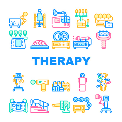 Physical Therapy Aid Collection Icons Set Vector. Magnetic Therapy Device And Laser, Massager, Physiotherapy Complex And Ultrasonic Inhaler Concept Linear Pictograms. Contour Color Illustrations